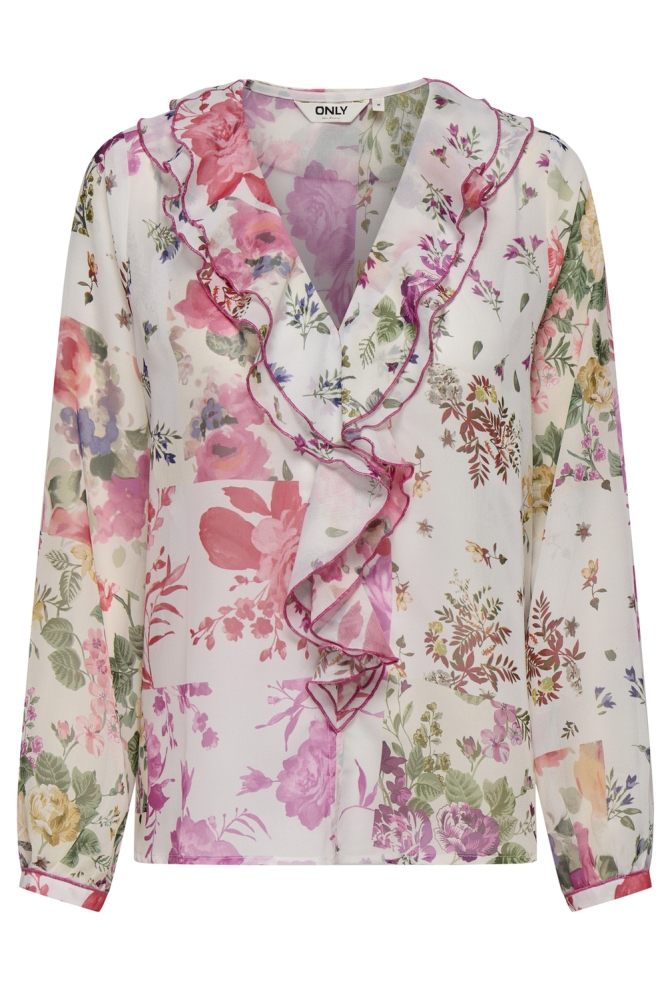 ONLMILLA LS FRILL TOP WVN 15370536 CLOUD DANCER/PATCHWORK